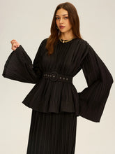 Pleated Bell Sleeve Belted Peplum Blouse