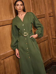 V-Neck Balloon Sleeve Belted Button-Front Dress