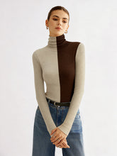 Two-Tone Turtleneck Ribbed Knit Top