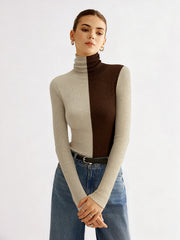 Two-Tone Turtleneck Ribbed Knit Top