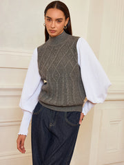 Leg-Of-Mutton Sleeve Panel Cable-Knit Sweater
