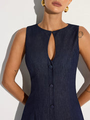 Keyhole Neckline Button Denim Mini Dress