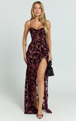 Violeta Maxi Dress - Corset Front Burnout Dress in Wine