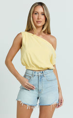 Collins Linen Top - Draped Asymmetrical Neckline Top in Lemon