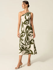One-Shoulder Printed Midi Dress