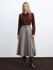 High-Waist Belted Houndstooth Wide-Leg Pants