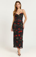 Ziva Midi Dress - Plunge Corset Front Dress in Midnight Rose