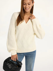 Wool-Blend Argyle Textured V-Neck Sweater