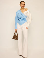Two-Tone Asymmetric Off-Shoulder Shirt