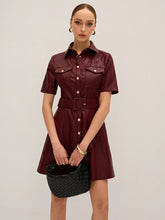 Shirt Collar Belted PU Leather Mini Dress
