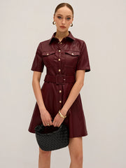 Shirt Collar Belted PU Leather Mini Dress