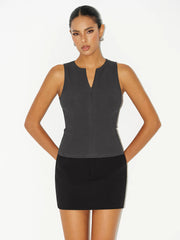 Cotton Blend Ribbed Zip-Front Sleeveless Top