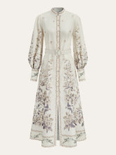 Floral Print Stand Collar Belted Midi Dress