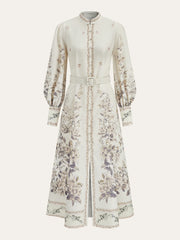 Floral Print Stand Collar Belted Midi Dress