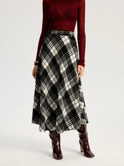 High Waist Line Flared Plaid Long Skirt