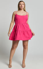 Zelda Mini Dress - Corset Front Tiered Lace Up Mini Dress in Pink