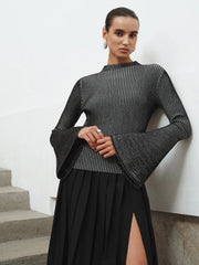 Flared Sleeve Striped Mock Neck Sweater