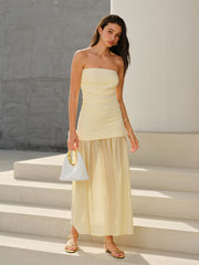 Semi-Sheer Strapless Ruched Maxi Dress