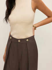 Mid-Waist Metal Detail Pleated Pants