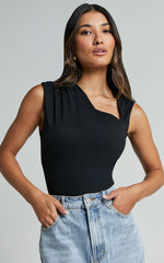 Inessa Top - Sleeveless Asymmetrical Neck Top in Black