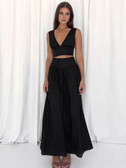 Solid Tie Knot V Neck Skirt Set