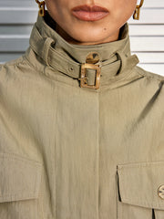 Belted Collar Cotton Blend Cropped Jacket