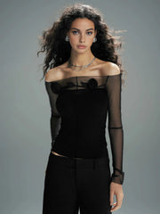 3D Flower Off-Shoulder Sheer Mesh Panel T-Shirt