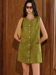 Suede Effect Metal Button Mini Dress