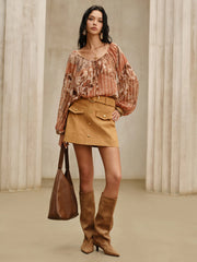 Boho Print Semi-Sheer Chiffon Tie-Front Blouse