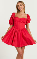 Souza Mini Dress - Fit and Flare Puff Sleeve Corset Dress in Red