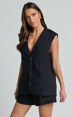Marlee Two Piece Set - Linen Button Through Vest and Shorts Set in Black
