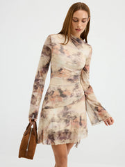 Tie-Dye Print Flared Sleeve Ruched Mini Dress