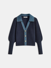 Leg-Of-Mutton Sleeve Denim Panel Knit Cardigan