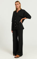 Tommy Two Piece Set - Knit Button Through Top and Pants Two Piece Set in Black
