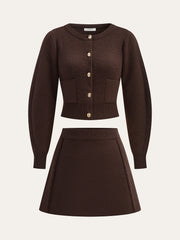 Lamb Sleeve Metal Button Knit Top and Skirt Set