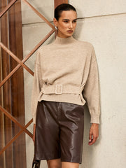 Wool Blend Mock Neck Belted Sweater