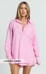 Anziel Top - Oversized Long Sleeve Linen Blend Shirt in Pale Pink