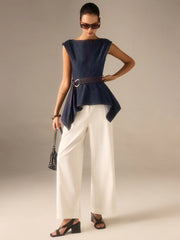 Denim Peplum Belted Top with Asymmetric Hem