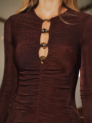 Metal Detail Long-Sleeve Ruched Maxi Dress