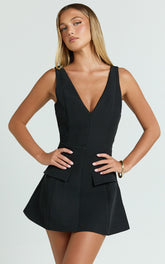 Zareena Mini Dress - V Neck Structured Tulip Pocket Detail Dress in Black