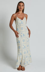 Zinnia Midi Linen Dress - Strappy Linen Slip Dress in Beige/Blue Border Print