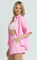 Ramona Top - Linen Short Sleeve Shirt in Pink