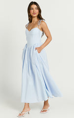 Holly Midi Dress - Corset Lace Up Dress with Split in Soft Blue