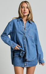 Collins Top - Long Sleeve Button Through Denim Shirt in Mid Blue Wash