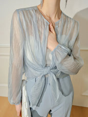 Semi-Sheer Through Long Sleeve Button Blouse