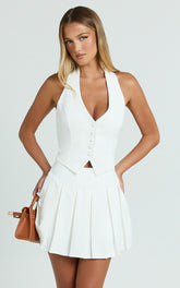 Kady Playsuit - Halter Button Down Vest Pleated Skirt Playsuit in White