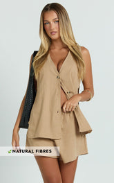 Devon Two Piece Set - Open Side Detail Top & Short Linen Set in Biscuit
