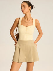 Cotton Blend Mid-Waist Pleated Shorts