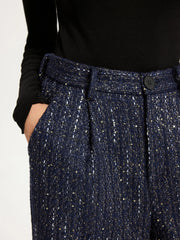 Mid-Waist Tweed Sequin Wide-Leg Pants