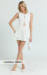 Calvin Two Piece Set - Tailored Scoop Neck Vest Top and A Line Mini Skirt Set in White Pinstripe